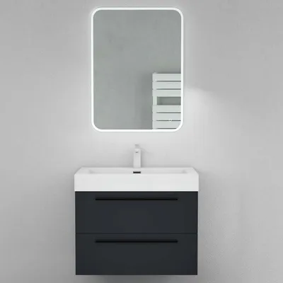 Produktbild von Mai & Mai Badmöbelset Komplett Set Waschbeckenunterschrank 73cm Unterschrank mit Waschschbecken aus Mineralguss und LED-Badspiegel Quadratto