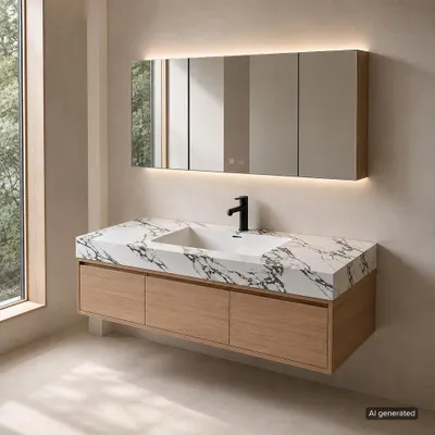 Immagine prodotto di Set di mobili da bagno con lavabo in pietra sinterizzata, mobile sospeso sotto lavabo, lavabo e set completo per il bagno, dimensioni 140 x 55 cm [YBTC336JG-140]