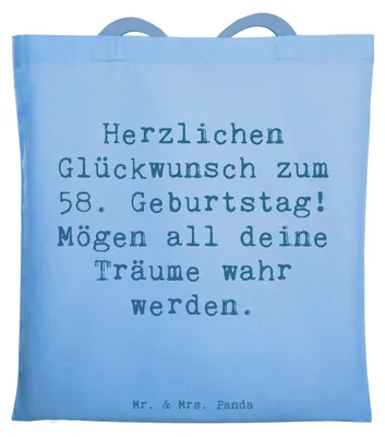 Produktbild von Mr. & Mrs. Panda Schultasche Spruch 58. Geburtstag - Sky Blue - Geschenk, Shopping Tasche, Glückwunsch, Beutel, Tote Bag, 58 Jahre, Erinnerungen, Laptoptasche, Jubiläum