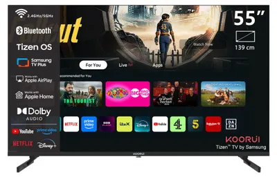 Produktbild von Koorui Tizen by Samsung Smart TV - QLED 4K Ultra HD - 55 Zoll/140 cm - Sprachsteuerung - Streaming-Apps – AirPlay – Hotelmodus - HDMI x3, USB x2, CI+ - Tripple Tuner DVB-T/T2/S/S2/C - Randlos Design - Montiert in Eindhoven, Niederlande - K55Q1UQ-T8