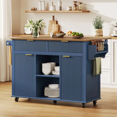 Image de Îlot de cuisine mobile avec plateau de travail rabattable, 2 tiroirs, 2 portes, étagère à épices et porte-serviettes, en MDF, dimensions : 143 x 45 x 89,5 cm, couleur : bleu