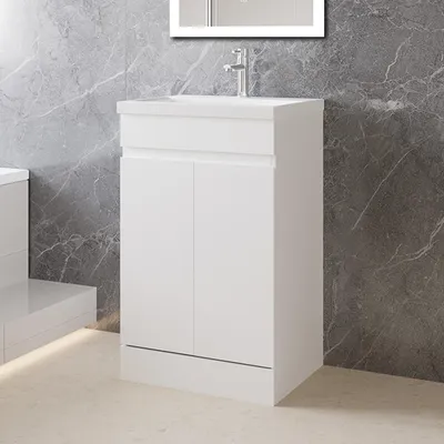 Produktbild von 50cm Badmöbel-Set Standschrank Keramik waschtisch mit Unterschrank Badezimmerschrank mit Tür soft-close Weiß Matt Selbstmontierter