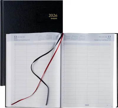 An open black diary for the year 2026, showing a daily planner layout with two ribbon bookmarks.