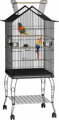 Obrázek produktu pro JOIEYOU Kovové klece pro ptáky 55x55x145cm Klec pro andulky s odpočívající dřevěnou tyčí Klec pro ptáky Přenosná ptačí voliéra se střešním oknem, dvířky, krmítkem, odnímatelným podnosem a kolečky