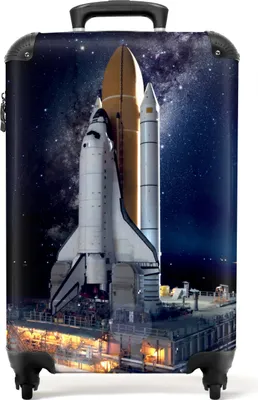 Produktbild von NoBoringSuitcases.com Kinder Handgepäck Koffer 55x35x20 cm, 36L, Kinderdrucke für Jungen: Blau - Rakete, Reisekoffer mit 4 Rollen
