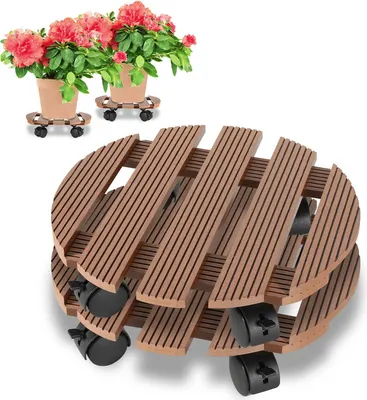 Image de Jopassy 2 pièces WPC rouleur de plantes rouleur de fleurs planche à roulettes dessous de pot de fleurs avec roulettes jusqu'à 80 Kg Rond Marron