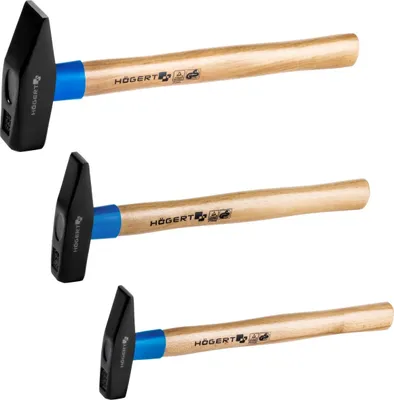 Produktbild von Schlosserhammer - Set 300g, 500g und 1000g mit Holzstiel von Högert | Kopf aus geschmiedetem C45 Stahl | Massiver Eschenholzstiel