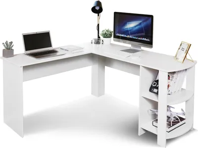 Produktbild von Mondeer Eckschreibtisch Schreibtisch Computertisch L-Förmig Schreibtisch mit 2 abgerundeten Ablagen Weiß