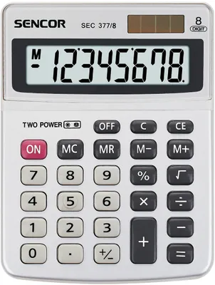Obrázek produktu pro SENCOR SEC 377/ 8 Stolní kalkulačka, velký 8-mi místný LCD displej, výpočet odmocniny, procent, čtyřtlačítková nezávislá paměť, duální napájení