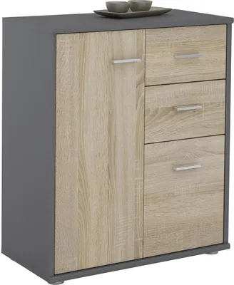 Produktbild von CARO-Möbel, Highboard Kommode, Grau/Sonoma Eiche, Melaminharzbeschichtete Spanplatte, 60 x 70 x 30 cm, 1 variabler Einlegeboden, Kunststoffgriffe und -füße in Chrom matt