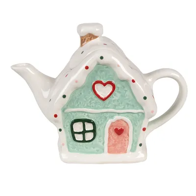 Zdjęcie produktu dla Clayre & Eef Czajniczek Domek z Piernika 600 ml Biały Zielony Ceramiczny