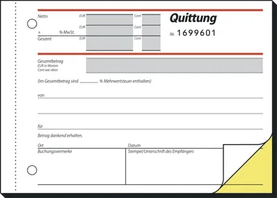 Produktbild von Formularbuch Quittung A6 quer SD VE=5x2x50 Blatt nummeriert