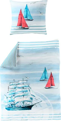 Produktbild von Traumschloss Mako-Satin Digitaldruck Bettwäsche - 5227_20- Segelschiff, Streifen, blau 155 x 220 cm Digitaldruck, Segelschiff, Möven, maritim