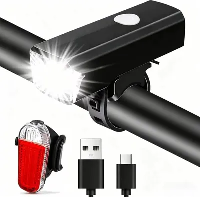 Zdjęcie produktu dla Reflektory rowerowe przedni i tylny, ładowane przez USB, zestaw oświetlenia rowerowego LED, bardzo jasne, wodoszczelne (IPX6), reflektor przedni i tylny do rowerów górskich (MTB) i rowerów szosowych