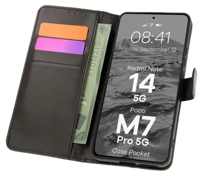 A black leather wallet-style phone case with cards and a phone inside.