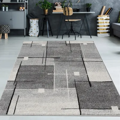 Immagine prodotto di Tappeto moderno con motivi astratti a quadrati neri e grigi - Dimensioni: 140 x 200 cm