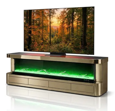 Produktbild von HOOZ® TV Lowboard – inkl. Kamin mit realistischer 3D-Flammen Optik & Glas Oberfläche – TV Schrank für große Fernseher bis 200 cm Gold halbrund