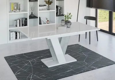 Produktbild von INOBA home Weiß Hochglanz/Betonoptik Esstisch Ausziehbar B:120-160 cm H:75 cm T:90 cm - Modern Dining Table - Tisch für Esszimmer - Esszimmertisch - Küchentisch - Esszimmertische Lunar Kollektion