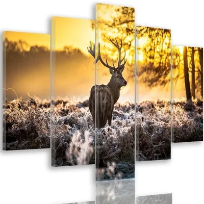 Produktbild von 5-teiliges leinwandbild hirsche bei sonnenuntergang 150x100 cm Feeby orange wandbild bereit zum aufhängen