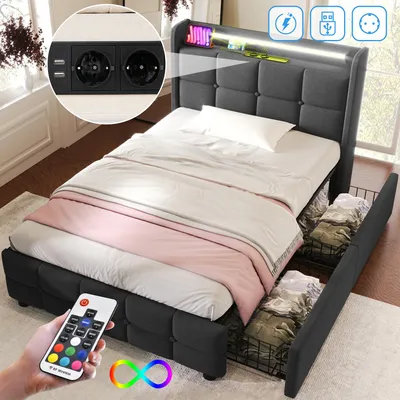 Image de Lit rembourré 90 x 200 cm avec éclairage LED et port USB. Sommier moderne gris avec tête de lit et 2 tiroirs. Lit avec rangement. Lit pour adolescent. Lit simple. Sans matelas.