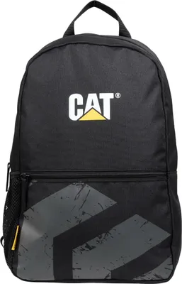 A black backpack with the CAT logo and a graphic design on the lower front.