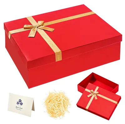 Produktbild von Geschenkbox, rote Geschenkbox mit Deckel, 40 x 30 x 15 cm, Geschenkboxen mit Raffia und Grußkarte, Geschenkbox für Geburtstag, Weihnachten und Valentinstag