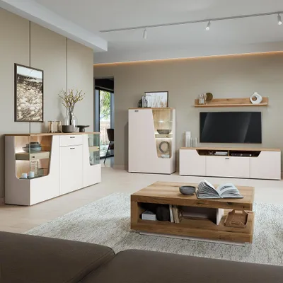 Produktbild von Wohnzimmer-Set in Kaschmir & Eiche mit Couchtisch & Sideboard, 5-teilig - CARMONA-129