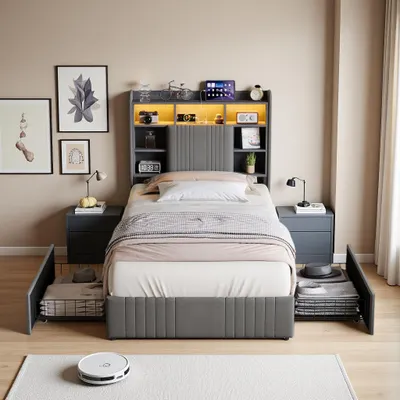 Produktbild von ProximaX Polsterbett 90x200cm Grau Leinenstoff mit 2 Schubladen, RGB-LED-Beleuchtung & Ladestation (USB/USB-C/Steckdosen)