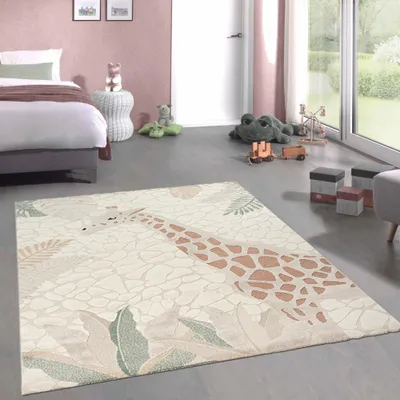Zdjęcie produktu dla Dziecięcy dywan do pokoju dziecięcego z motywem żyraf, kolor kremowy i beżowy, wymiary: 140 x 200 cm