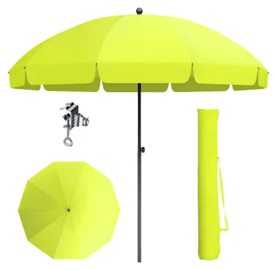 Produktbild von Höhenverstellbarer Sonnenschirm 175 x 210 cm mit Hülle und Klemme, neigbarer Strandschirm, windbeständig und stabil, tragbar, UV-Schutz 50+, für Balkon, Strand, Balkongeländer, Tisch, grün