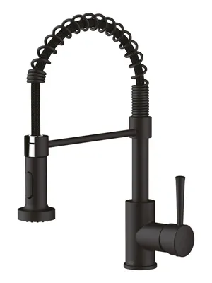 A black kitchen faucet with a coiled hose and a pull-down sprayer.