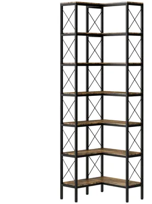 Produktbild von 6-stufiges L-förmiges Bücherregal, freistehendes Eckregal mit Metallrahmen, rustikal braun, 60 x 60 x 200 cm
