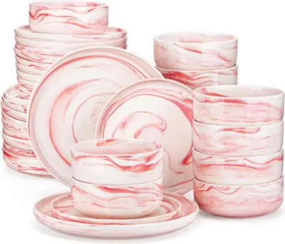 Image de Dynastic Service de table - 36 pièces - Céramique Rose - Assiettes plates et assiettes à déjeuner - 12 personnes