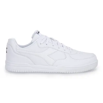 A single white Diadora sneaker shown from the side.