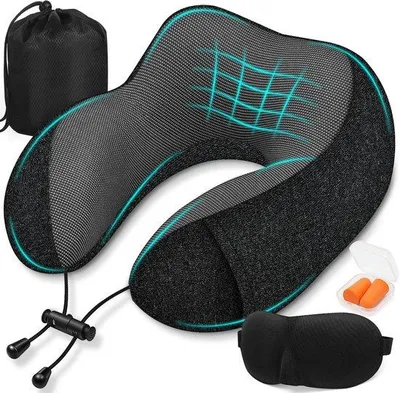 Zdjęcie produktu dla Unyqoos® Poduszka podróżna na szyję z pianką memory – poduszka zapewniająca 360° wsparcia dla szyi, ergonomiczny kształt U, w zestawie maska do spania 3D i zatyczki do uszu