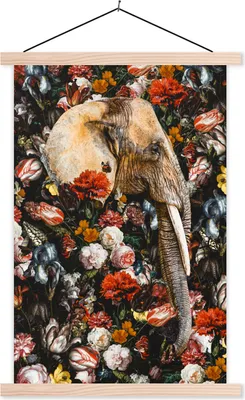 Produktbild von MuchoWow® Textilposter Elefant - Blumen - Illustration 60x90 cm mit holzfarbenen Rahmen - Textil