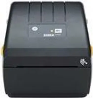 A black Zebra desktop printer is shown from the front on a white background.