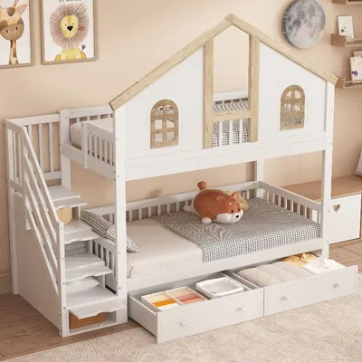 Produktbild von Etagenbett 90x200 cm Weiß Natur aus Kiefer und MDF mit Fallschutzgitter, Fenster und Stauraumtreppe für Kinderzimmer