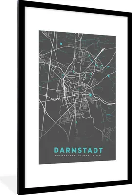 Produktbild von MuchoWow® Gerahmtes Poster Darmstadt - Stadtplan - Blau - Karte - Deutschland 60x90 cm - Poster mit Schwarzem Bilderrahmen Wandposter Rahmen Foto Bilder - Dekoration - Wandposter Wohnzimmer - Hochwertig
