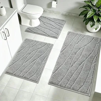 Produktbild von PolkaHome® Badteppich-Set 3-teilig, Mikrofaser, rutschfest, waschbar, Badematte & WC-Vorleger, Grau