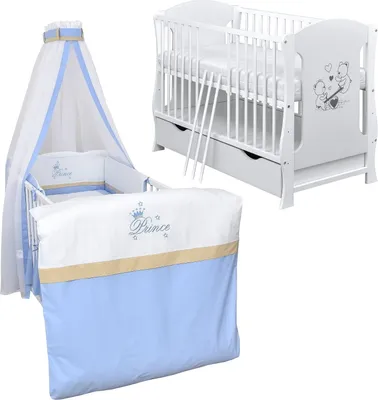 Produktbild von Baby-Delux Babybett Kinderbett Lia 120x60 Teddy Wippe Weiß inkl. Schublade Bettset Komplett Prince Schaumstoffmatratze