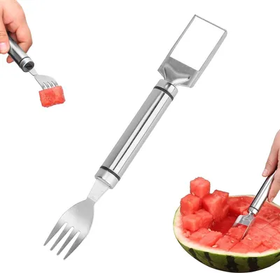 Produktbild von 2-in-1-Obstschneider aus Edelstahl, Wassermelonengabelschneider, Doppelkopf-Obstgabelnschneider, Wassermelonenschneider