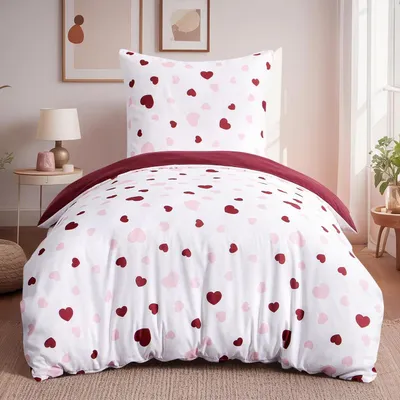 Immagine prodotto di Set di lenzuola 155x220 cm con federe 80x80 cm, in microfibra, motivo cuori rosa e rossi, senza bisogno di stiratura, composto da 2 pezzi