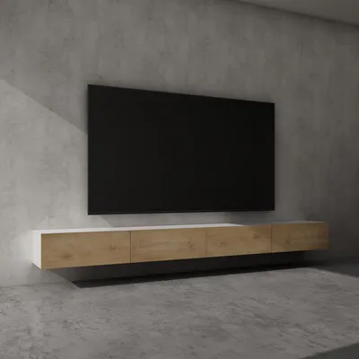 Image de doporro Meuble TV Bas 320x40,2x30cm Armoire TV Blanc Mat + Marron Clair Table de Télévision Salon avec Portes Meuble TV Suspendu MBTV02
