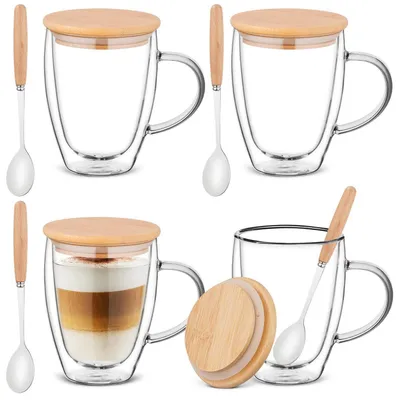 Productafbeelding van Dubbelwandige koffiebekers, set van 4, 350 ml, gemaakt van borosilicaatglas, met deksel