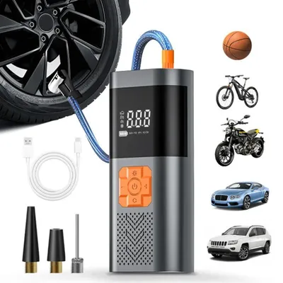 Zdjęcie produktu dla Przenośna cyfrowa pompka do opon – kompresor samochodowy/pompka powietrza – bezprzewodowa – wyświetlacz LED – powerbank – wbudowany akumulator 7,4 V – czarna