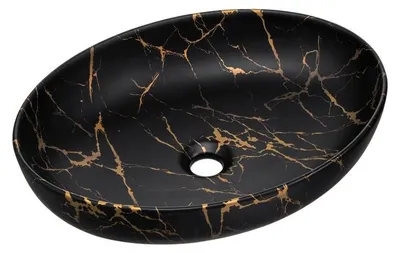 Zdjęcie produktu dla Umywalka Nablatowa Ceramiczna 52X39,5 Cm Czarny Mat Złoty Owalna