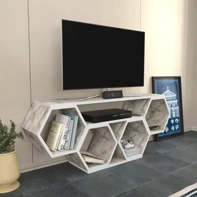 Image de Decorotika Miel Support TV pour téléviseurs jusqu'à 55" | effet marbre & blanc