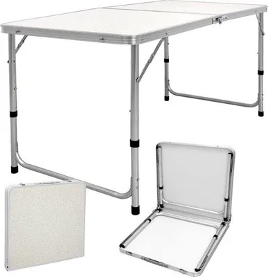 Produktbild von Famanu Campingtafel Klapptisch mit Traggriff 120x60x55/63/70 cm Weiß Creme aus Aluminium und MDF - Höhenverstellbar, Zusammenklappbar