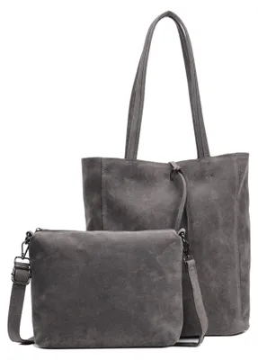 Produktbild von irisaa 2-in-1 Damen Taschen Set, Großer Shopper Schultertasche mit Reißverschluss und Umhängetasche mit Verstellbarem Gurt, Wildleder-Optik
